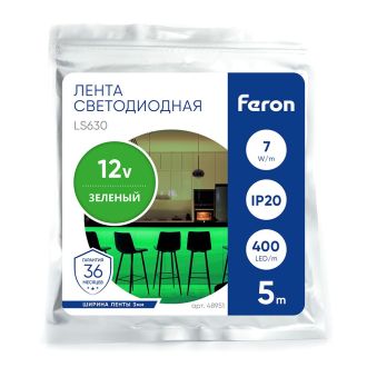 Светодиодная COB лента Feron LS630, 400SMD(2110)/ 7Вт/м 12V 5000*3*1.8мм зеленый, IP20, 48951