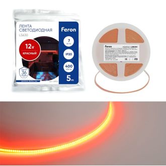 Светодиодная COB лента Feron LS630, 400SMD(2110)/ 7Вт/м 12V 5000*3*1.8мм красный, IP20, 48952