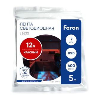 Светодиодная COB лента Feron LS630, 400SMD(2110)/ 7Вт/м 12V 5000*3*1.8мм красный, IP20, 48952