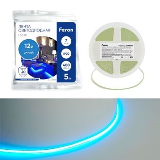 Светодиодная COB лента Feron LS630, 400SMD(2110)/ 7Вт/м 12V 5000*3*1.8мм синий, IP20, 48953