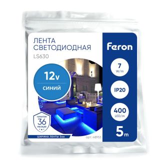 Светодиодная COB лента Feron LS630, 400SMD(2110)/ 7Вт/м 12V 5000*3*1.8мм синий, IP20, 48953
