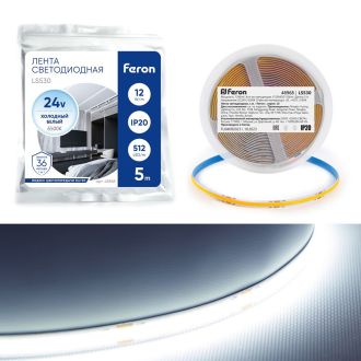 Светодиодная COB лента Feron LS530, 512SMD(2110) 12Вт/м 24V 5000*10*1.8мм 6500К IP20, 48968