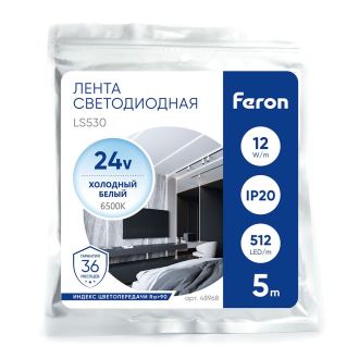 Светодиодная COB лента Feron LS530, 512SMD(2110) 12Вт/м 24V 5000*10*1.8мм 6500К IP20, 48968