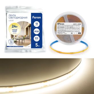Светодиодная COB лента Feron LS530, 512SMD(2110) 12Вт/м 24V 5000*10*1.8мм 3000К IP20, 48970