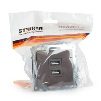 Розетка USB 2-местная (механизм), STEKKER GLS10-7115-04, 250B, 2,1А, серия Катрин, шоколад, 49027