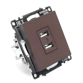 Розетка USB 2-местная (механизм), STEKKER GLS10-7115-04, 250B, 2,1А, серия Катрин, шоколад, 49027