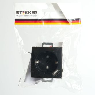 Розетка 1-местная с/з (механизм), STEKKER, PST16-9111-03, 250В, 16А с защ. шторкой и с USB, серия Эрна, черный, 49155