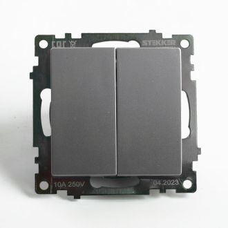 Переключатель 2-клавишный (механизм), STEKKER GLS10-7107-03, 250V, 10А, серия Катрин, серебро, 49168