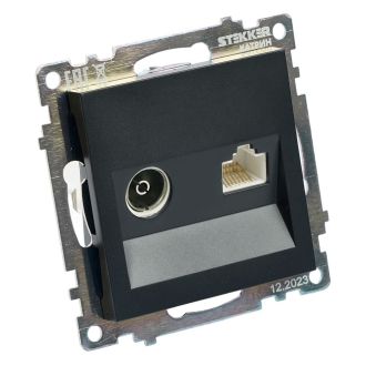 Розетка TV + компьютерная RJ-45 (механизм), STEKKER GLS00-7106-05, серия Катрин, черный, 49182