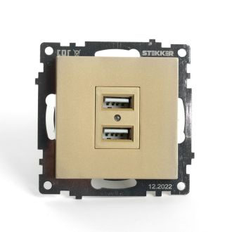Розетка 2-местная USB (механизм), STEKKER, GLS10-7115-08, 250В, 2,1А, серия Катрин, золото, 49229
