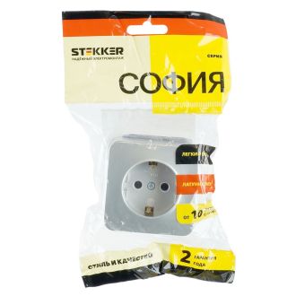 Розетка 1-местная с/з открытой установки, STEKKER, 250В, 16А, IP20, серия София, серебро, MST16-11-03, 49326