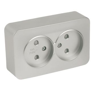 Розетка 2-местная б/з открытой установки, STEKKER, 250В, 10А, IP20, серия София, серебро, MST10-12-03, 49327