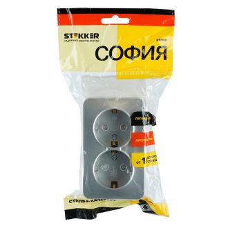 Розетка 2-местная с/з открытой установки, STEKKER, 250В, 16А, IP20, серия София, серебро, MST16-12-03, 49328