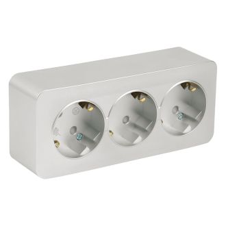 Розетка 3-местная с/з открытой установки, STEKKER, 250В, 16А, IP20, серия София, серебро, MST16-13-03, 49330