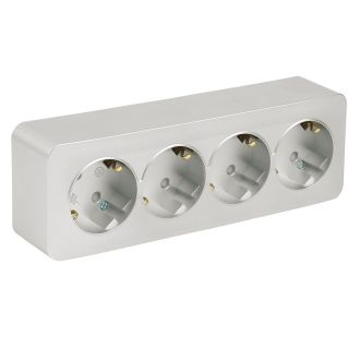 Розетка 4-местная с/з открытой установки, STEKKER, 250В, 16А, IP20, серия София, серебро, MST16-14-03, 49332