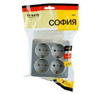 Розетка 4-местная с/з открытой установки, квадрат, STEKKER, 250В, 16А, IP20, серия София, серебро, MST16-14S-03, 49334