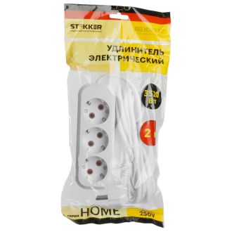 Удлинитель трехместный с/з STEKKER HM06-31-02 3x1мм2, 2м, серия Home, белый, 49347