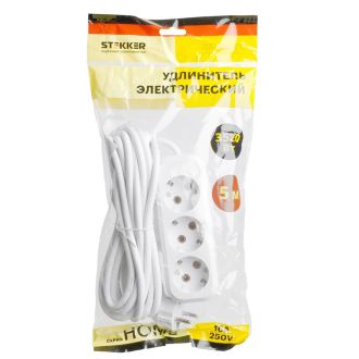 Удлинитель трехместный с/з STEKKER HM06-31-05 3x1мм2, 5м, серия Home, белый, 49349