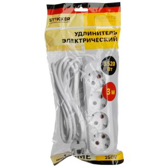 Удлинитель четырехместный с/з STEKKER HM06-40-03 3x1мм2, 3м, серия Home, белый, 49351