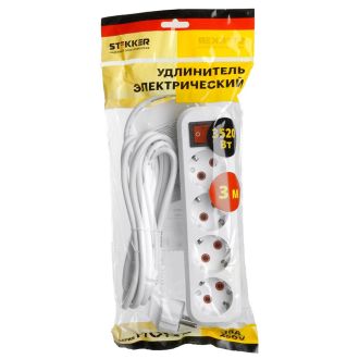 Удлинитель четырехместный с/з с выключ. STEKKER HM07-41-03 3x1мм2, 3м, серия Home, белый, 49359