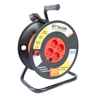 Удлинитель на катушке Stekker STD01-40-30 (ТЕН303-196) Standart 4-х местный с/з ПВС 3*1, оранжевый, 16А, IP40, 30м, 49390