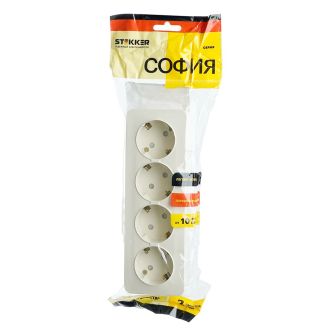 Розетка 4-местная с/з открытой установки, STEKKER, 250В, 16А, IP20, серия София, слоновая кость, MST16-14-04, 49505