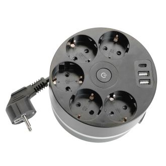 Удлинитель 5-местный с/з, 3x1мм2, 2.5м, 250В, 16А, 2USB+С 5V 3,1А, серия Comfort, черный, STEKKER HM10-51-01, 49656