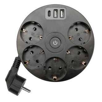 Удлинитель 5-местный с/з, 3x1мм2, 2.5м, 250В, 16А, 2USB+С 5V 3,1А, серия Comfort, черный, STEKKER HM10-51-01, 49656