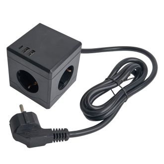 Удлинитель 3-местный с/з, 3x1мм2, 1.5м, 250В, 16А, 2USB+1С, 5V 3,1А, серия Comfort, черный, STEKKER HM10-41-01, 49657