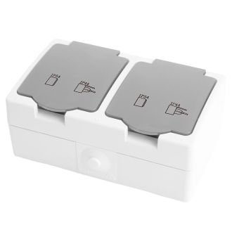 Розетка 2-местная с крышкой с/з STEKKER PST16-22-54, пластик АВS, 250В, 16А, IP54, белый/серый, 49730