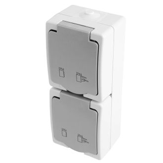 Розетка 2-местная с крышкой с/з STEKKER PST16-22-54V, пластик АВS, 250В, 16А, IP54, белый/серый, 49737