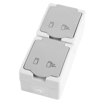 Розетка 2-местная с крышкой с/з STEKKER PST16-22-54V, пластик АВS, 250В, 16А, IP54, белый/серый, 49737