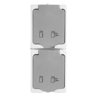 Розетка 2-местная с крышкой с/з STEKKER PST16-22-54V, пластик АВS, 250В, 16А, IP54, белый/серый, 49737