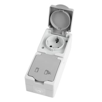 Розетка 2-местная с крышкой с/з STEKKER PST16-22-54V, пластик АВS, 250В, 16А, IP54, белый/серый, 49737