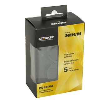 Розетка 2-местная с защитной шторкой STEKKER, с/з, 250В, 16А, серия Эмили, RST16-5114-05, черный уголь, soft touch, 49856