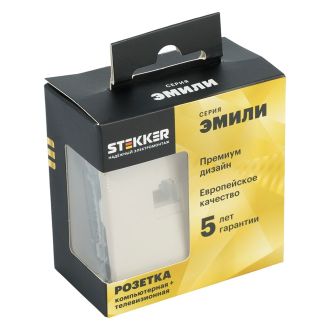 Розетка TV + компьютерная RJ-45 (механизм), STEKKER, серия Эмили, RST00-5106-08, кашемир, soft touch, 49898