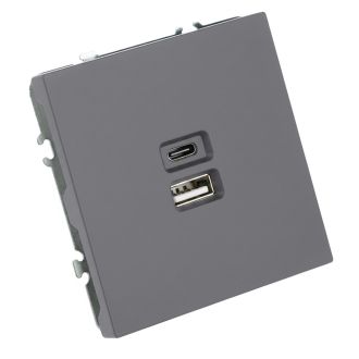 Розетка 2-местная USB + Type C (механизм), STEKKER, 250В, 20W, серия Эмили, RST10-5115-10, платиново-серый, soft touch, 49957