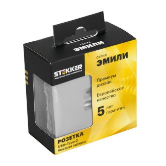 Розетка 2-местная USB + Type C (механизм), STEKKER, 250В, 20W, серия Эмили, RST10-5115-10, платиново-серый, soft touch, 49957
