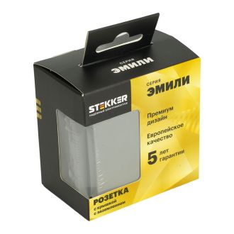 Розетка 1-местная с крышкой с защ. штор, STEKKER, с/з, IP42, 250В, 16А, серия Эмили, RST16-5112-10, платиново-серый, soft touch, 49959