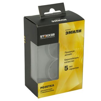 Розетка 2-местная с защитной шторкой, STEKKER, с/з, 250В, 16А, серия Эмили, RST16-5114-10, платиново-серый, soft touch, 49960