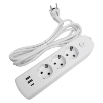 Удлинитель 3-местный c/з 3x1 мм2, 1,8 м, 250В, 10А, 2USB+1Type-C 2,4А, серия Home plus, белый STEKKER HM08-33-02, 49970