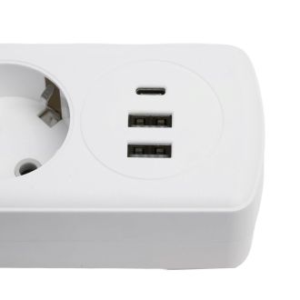Удлинитель 3-местный c/з 3x1 мм2, 1,8 м, 250В, 10А, 2USB+1Type-C 2,4А, серия Home plus, белый STEKKER HM08-33-02, 49970