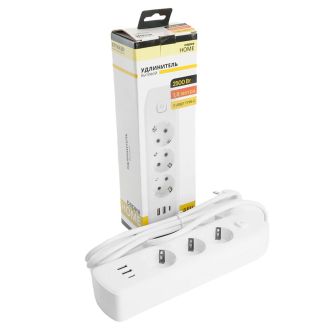 Удлинитель 3-местный c/з 3x1 мм2, 1,8 м, 250В, 10А, 2USB+1Type-C 2,4А, серия Home plus, белый STEKKER HM08-33-02, 49970