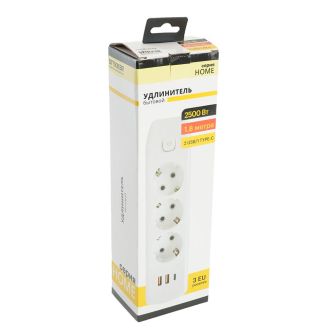 Удлинитель 3-местный c/з 3x1 мм2, 1,8 м, 250В, 10А, 2USB+1Type-C 2,4А, серия Home plus, белый STEKKER HM08-33-02, 49970