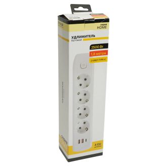 Удлинитель 4-местный c/з 3x1 мм2, 1,8 м, 250В, 10А, 2USB+1Type-C 2,4А, серия Home plus, белый STEKKER HM08-43-02, 49971