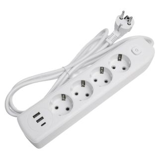 Удлинитель 4-местный c/з 3x1 мм2, 1,8 м, 250В, 10А, 2USB+1Type-C 2,4А, серия Home plus, белый STEKKER HM08-43-02, 49971