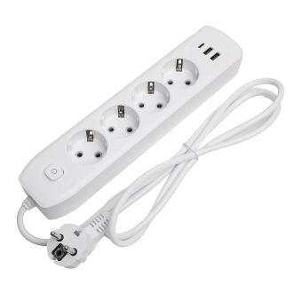 Удлинитель 4-местный c/з 3x1 мм2, 1,8 м, 250В, 10А, 2USB+1Type-C 2,4А, серия Home plus, белый STEKKER HM08-43-02, 49971