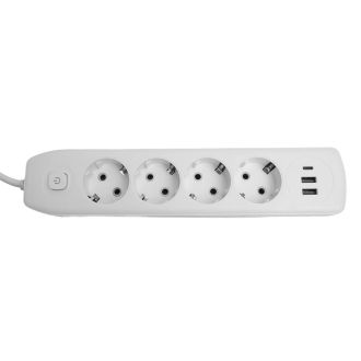 Удлинитель 4-местный c/з 3x1 мм2, 1,8 м, 250В, 10А, 2USB+1Type-C 2,4А, серия Home plus, белый STEKKER HM08-43-02, 49971