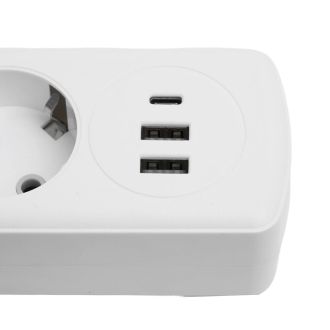 Удлинитель 4-местный c/з 3x1 мм2, 1,8 м, 250В, 10А, 2USB+1Type-C 2,4А, серия Home plus, белый STEKKER HM08-43-02, 49971
