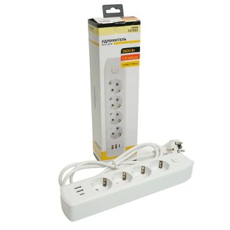 Удлинитель 4-местный c/з 3x1 мм2, 1,8 м, 250В, 10А, 2USB+1Type-C 2,4А, серия Home plus, белый STEKKER HM08-43-02, 49971
